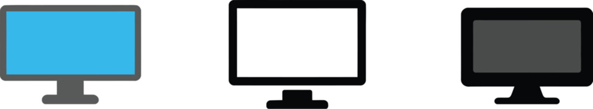 Computer Monitor Icon in Line, Glyph, and Filled Styles with Display Screen Vector Symbols