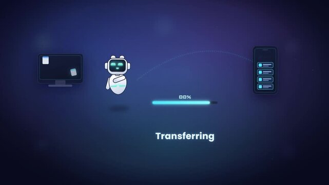 AI robot assistant transferring data files between desktop computer and smartphone device