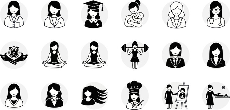 Various professionals and people are illustrated in different poses and activities.