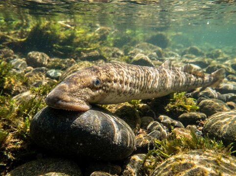 Sea lamprey resting on a rocky riverbed underwater