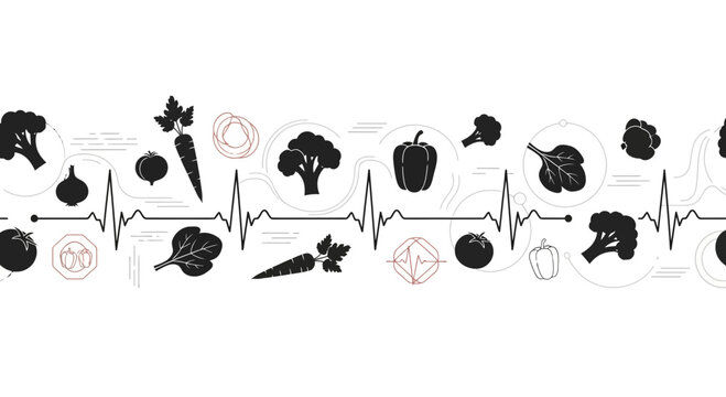 Seamless horizontal pattern with heartbeat line and fresh vegetables.