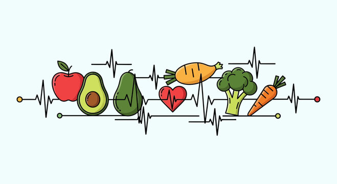 Healthy eating and lifestyle concept with fresh vegetables and fruits combined with heart rate line.