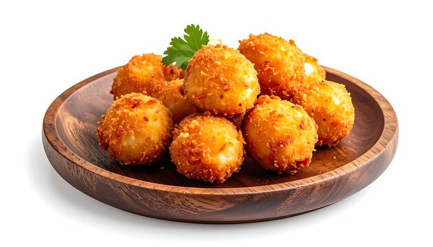 Freshly fried golden fish balls arranged on a rustic wooden plate, isolated on white background, crispy coating