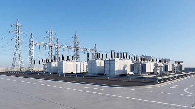 Industrial electrical power distribution transformer substation with high voltage metal grid structures towers and equipment outdoors under clear blue sky during sunny summer daytime.