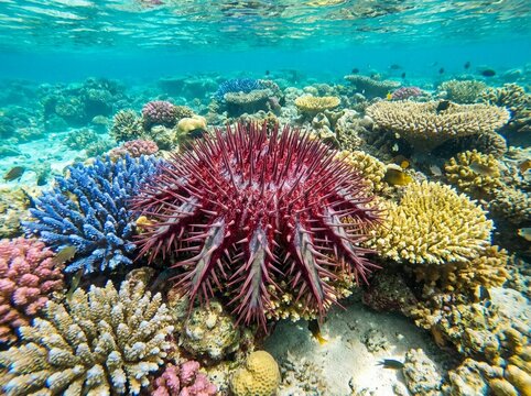 Crown-of-thorns starfish on a vibrant tropical coral reef