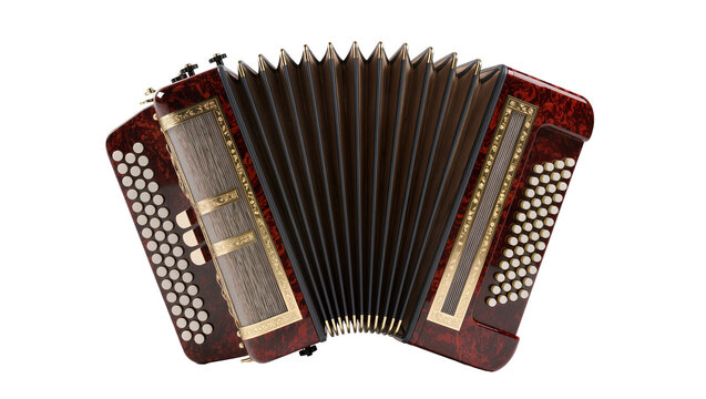 Red accordion with ornate gold trim and bellows
