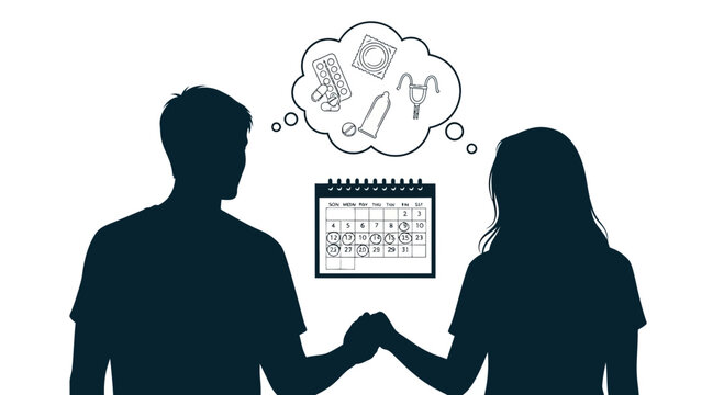 Silhouette of a couple planning family size with contraceptive methods and calendar.