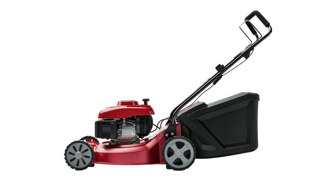 Red rotary lawn mower with black grass catcher and silver engine