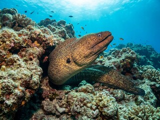 Fototapeta premium Giant Moray Eel Emerging From a Tropical Coral Reef