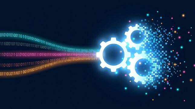 Digital transformation concept with glowing binary code streams flowing into interconnected gears, symbolizing data processing, innovation, and technological advancement.