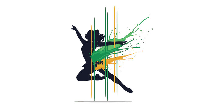 Detailed silhouette of female Irish dancer jumping with vibrant green and orange paint splashes and geometric vertical lines on white background, illustrating traditional Celtic dance.