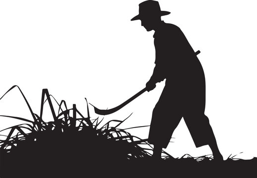 Silhouette of a farmer, man with hat using sickle
