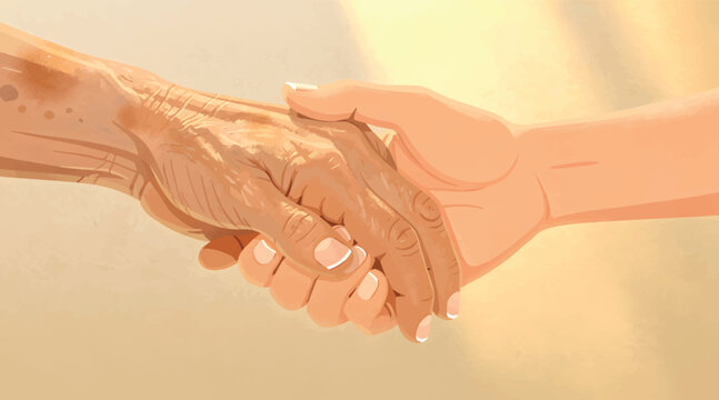Generational Handshake Symbolizing Support, Care, and Connection Between Old and Young Hands
