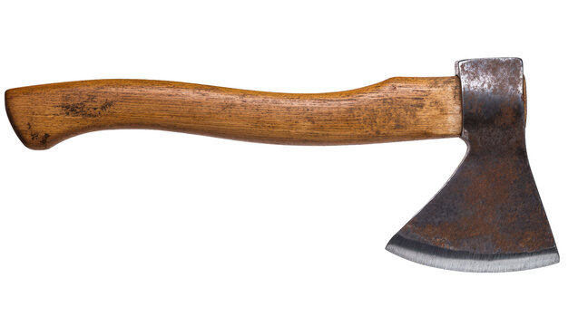 Wooden handle axe with rusty metal head