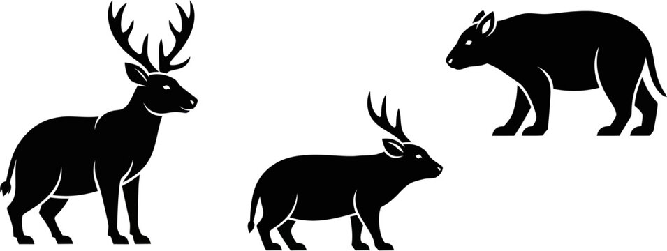 Three animal silhouettes standing side by side in profile view outdoors