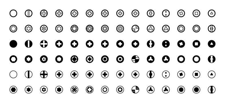 Screw drive heads vector set with standard and security fasteners profiles