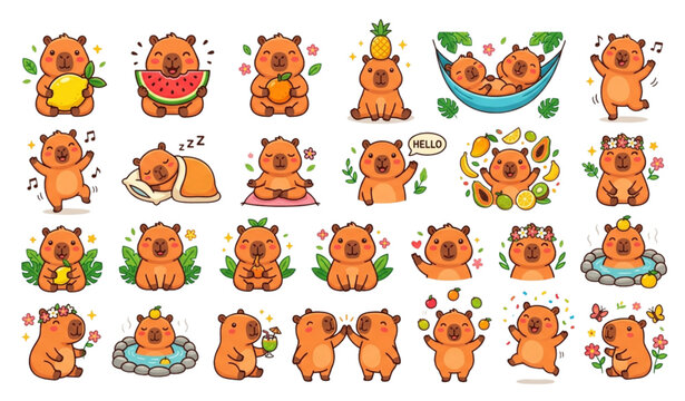 Cute capybara character set with fruits and relaxation elements vector illustration