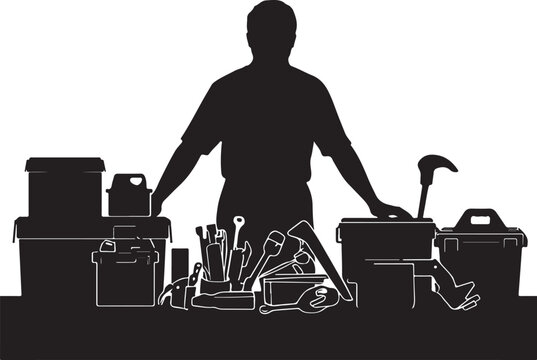 Silhouette of a man standing behind a workbench with tools