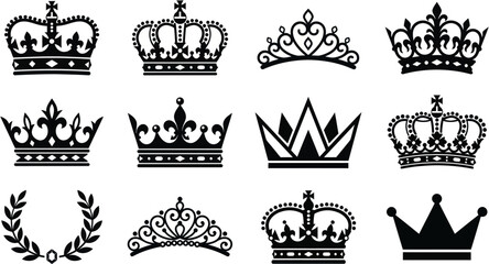 Various royal crowns and tiaras are displayed on a plain background for design. © Terastal 