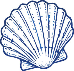 Detailed illustration of a blue scallop seashell with radiating lines and dots © Ophelia