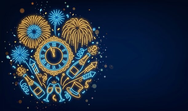 Golden Clock Striking Midnight with Blue and Gold Floral Ornament on Dark Background, New Year Concept