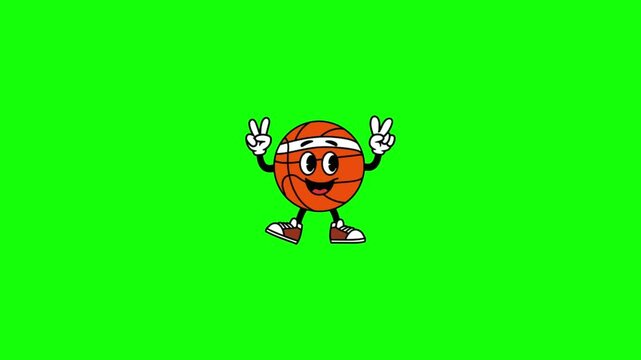 Cartoon basketball character making peace signs on green screen