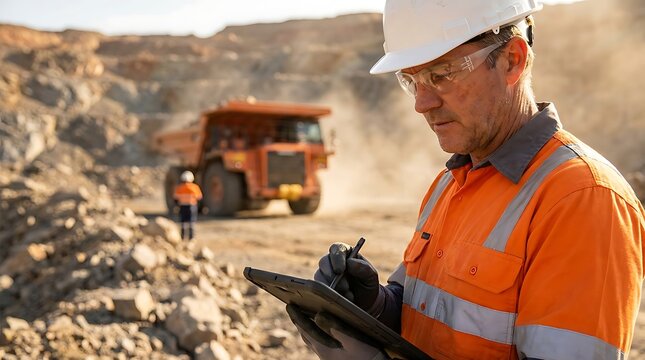 Professional male mining engineer wearing hard hat safety glasses and high visibility reflective vest working on tablet computer in front of large haul truck at surface quarry site.