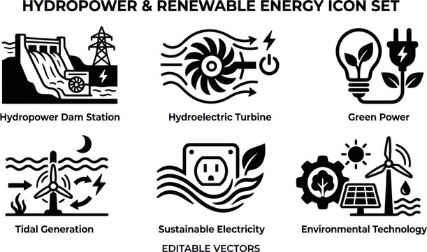Renewable energy icons showcase hydroelectric power dam station and sustainable electricity generation