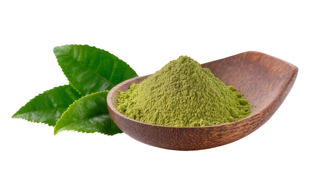 Green tea powder in wooden spoon with fresh leaves