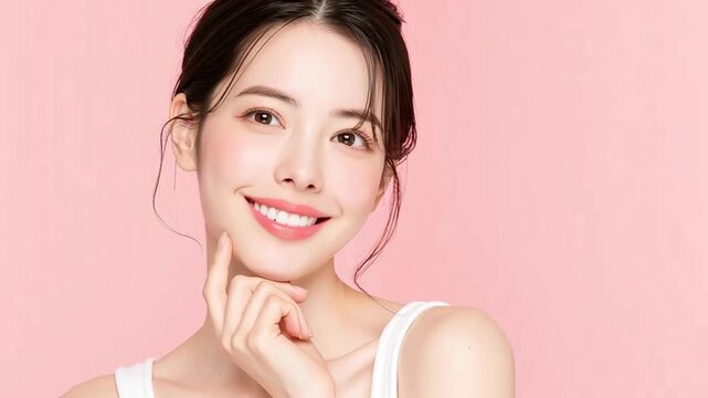 Beautiful young Asian woman with flawless glowing skin smiling brightly and touching her chin, K-beauty skincare and professional cosmetics concept portrait video with solid pink background