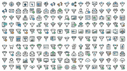 Fototapeta premium Sales funnel icons set, marketing conversion and lead generation symbols, business strategy vector collection for digital analytics and e-commerce