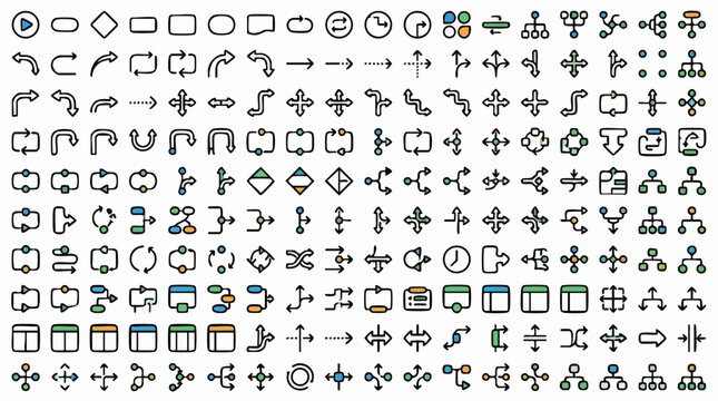 Flowchart icon set for data processing, technical diagram symbols for workflow mapping, professional logic and connection vector elements
