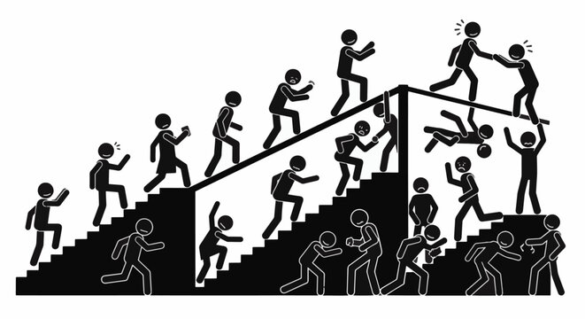Multiple black stick figure pictograms navigating staircases in a vector illustration. Actions include climbing, helping, falling, and fighting on a white background.