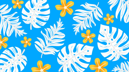 Tropical Seamless Pattern with White Monstera and Palm Leaves, Yellow Plumeria Flowers on Bright Blue Background, Exotic Botanical Summer Floral Wallpaper for Fabric, Textile, Wrapping Paper, Surface  © Prayogo