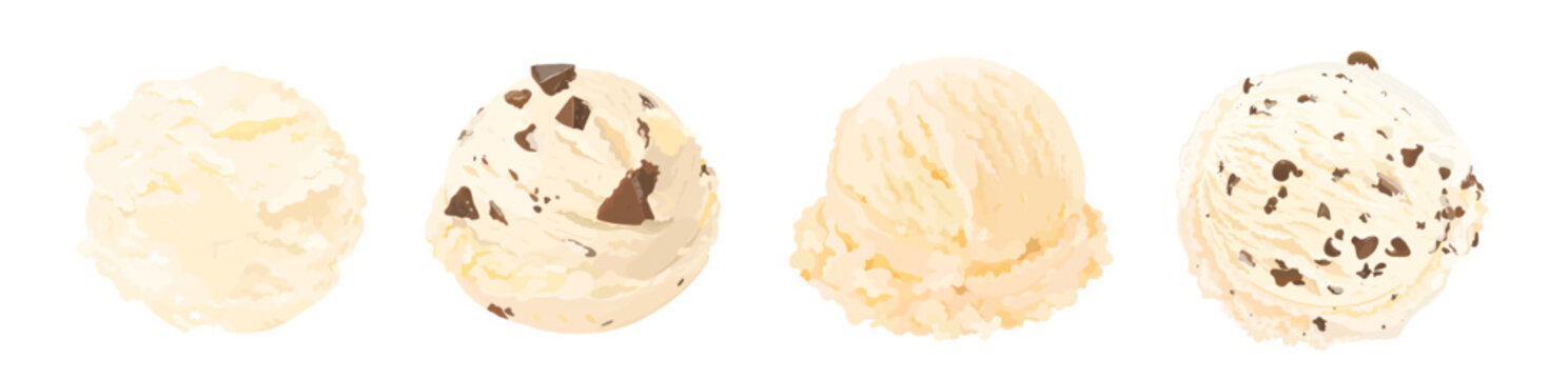 Set of cartoon vanilla ice cream scoop with nuts and chocolate chip. Tasty summer dessert illustration isolated on white background. Perfect for menu, packaging and dessert design.
