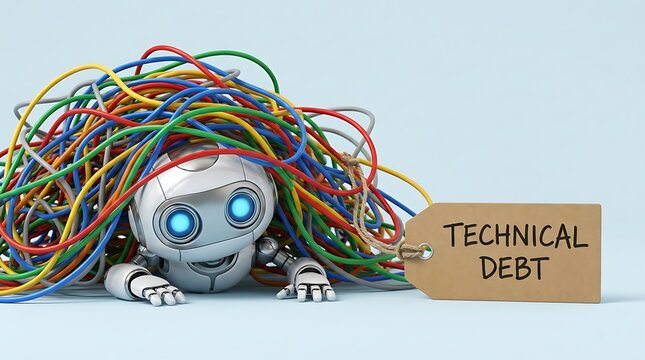 Small robot tangled in colorful wires looking overwhelmed by complex technical debt concept with a sign.