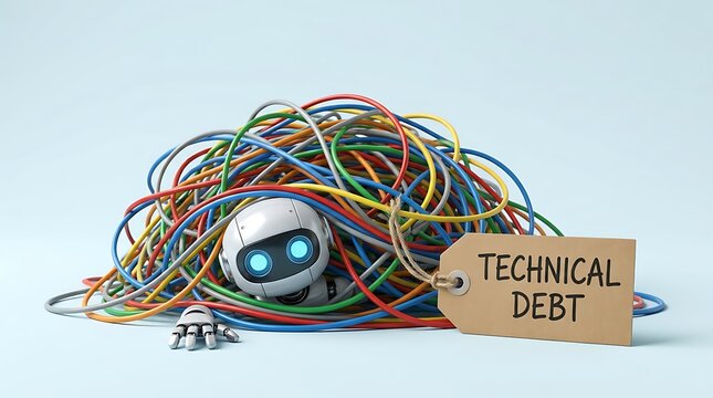 Small robot tangled in colorful wires looking overwhelmed by complex technical debt concept with a sign.