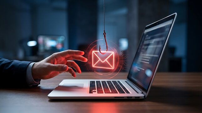 Phishing scam email on laptop screen, hand reaching for bait hook, cyber attack concept, digital security risk.
