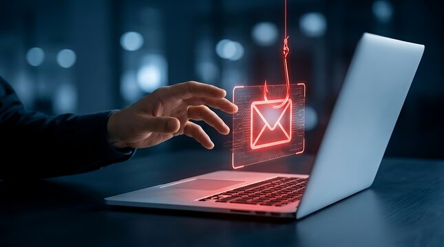 Phishing scam email on laptop screen, hand reaching for bait hook, cyber attack concept, digital security risk.