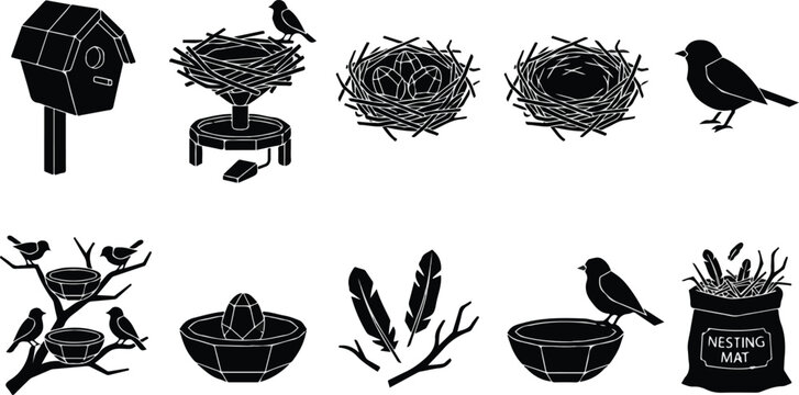 Bird nesting and breeding silhouettes set, spring wildlife icons with birdhouse, twigs, feathers, eggs, and nests.