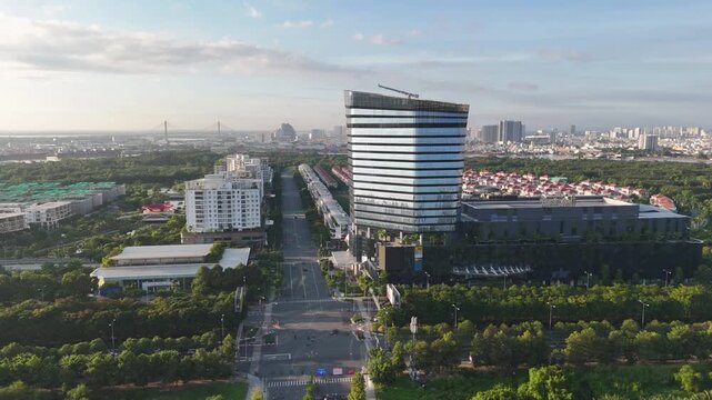 Aerial Drone View of Thisofic Tower in Sala Urban Area, Thu Duc City, Ho Chi Minh City, Vietnam at Sunrise