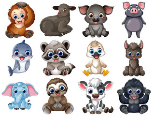 Obraz premium Set of Twelve Cute Cartoon Baby Animals on White Background