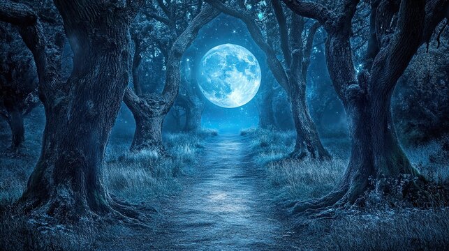 Enchanted moonlit forest path mystical night nature scene