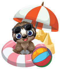 Obraz premium Cute Cartoon Sloth Relaxing with Beach Accessories and Sandcastle