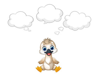 Fototapeta premium Cute Cartoon Duckling Sitting with Blank Thought Bubbles Vector Illustration