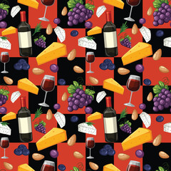 Fototapeta premium Seamless Vector Pattern with Wine Bottles Grapes and Cheese Wedges