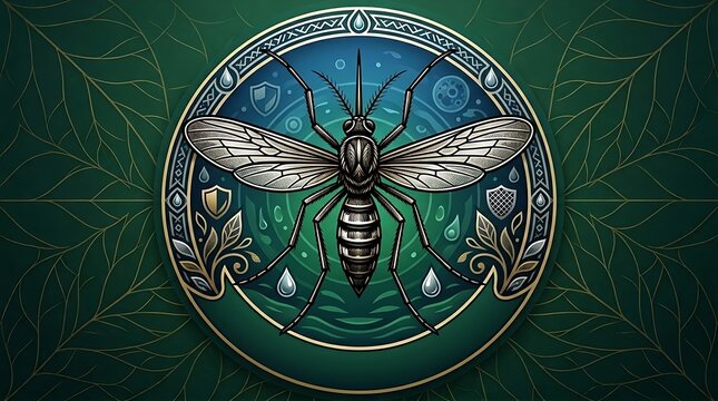Mosquito Insect Emblem Badge On Green Leaf Background