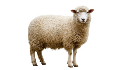 Woolly sheep standing profile view on white © Johanna