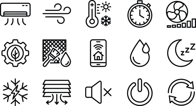 Hvac and weather icons set line art style isolated on transparent background