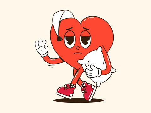 Sleepy groovy heart-shaped character holding soft pillow, wearing night cap, going to sleep. Retro Vector of bedtime routine, children illustration, nursery decor design